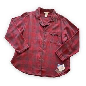 Sleep Sense Portuguese Flannel Sleepwear Red & Charcoal Gray Paw Print Button Up